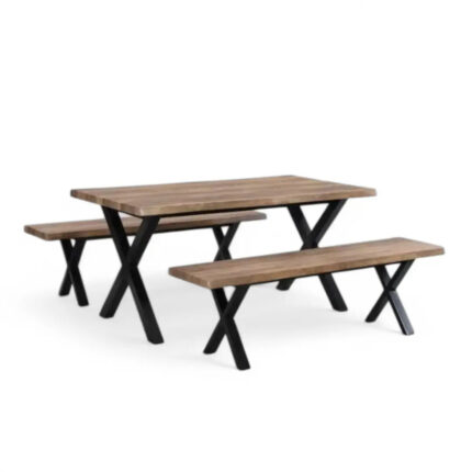Natural Wood & Black Metal Space Saving 6 Seater Dining Set